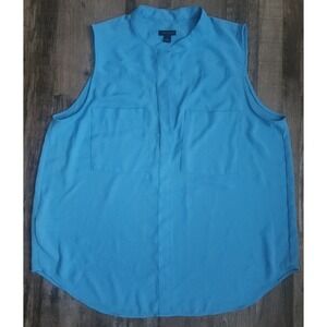 Ann Taylor Blouse Women Medium Blue Sleeveless Mandarin Collar Pocket Top